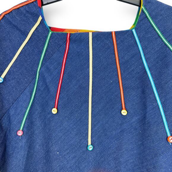 Vintage 70s Three Squares Fringe Button Rainbow Lined Denim Jean Poncho - Picture 2 of 8